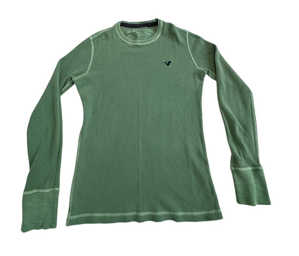 American Eagle Vintage Thermal Waffle Knit Crew Pullover Light Green Mens Small